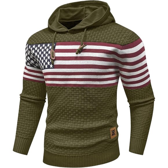 Men's Army Green Hooded Sweatshirt Long Sleeve American Flag Knitted Hoodie
